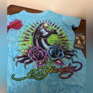 NWT Ed Hardy Girl’s Short Sleeve Blue Tee Shirt w/Black Panther & Roses Graphic
